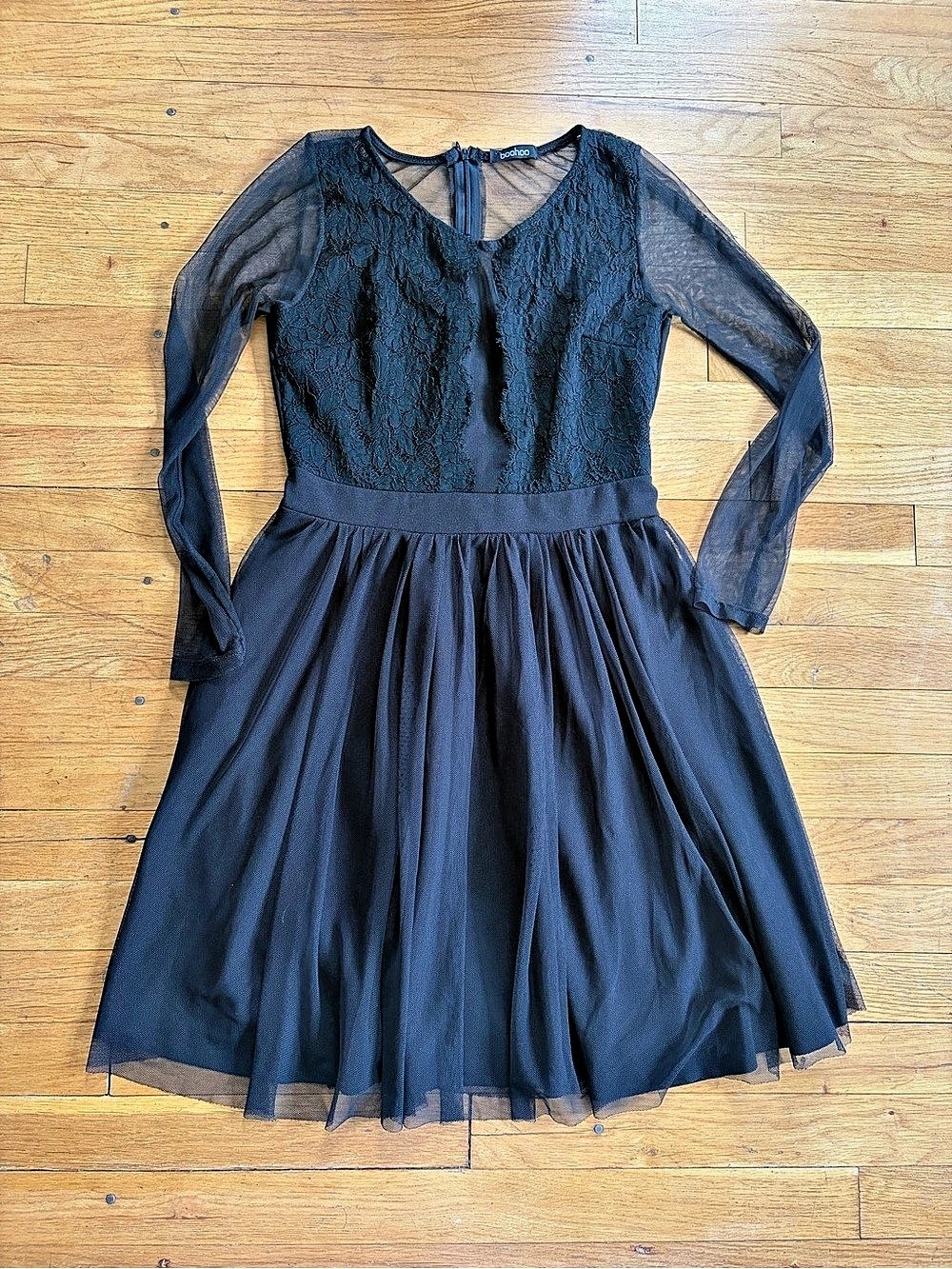 Boohoo Mesh Long Sleeve Lace Panel Skater Dress Black women’s Size 12